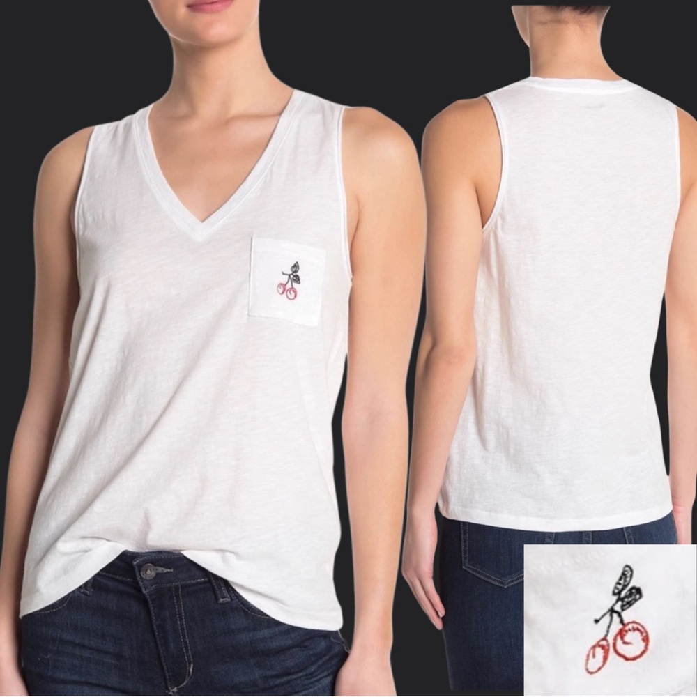 Madewell Cherry Embroidered V-Neck Pocket Tank Top, 2X